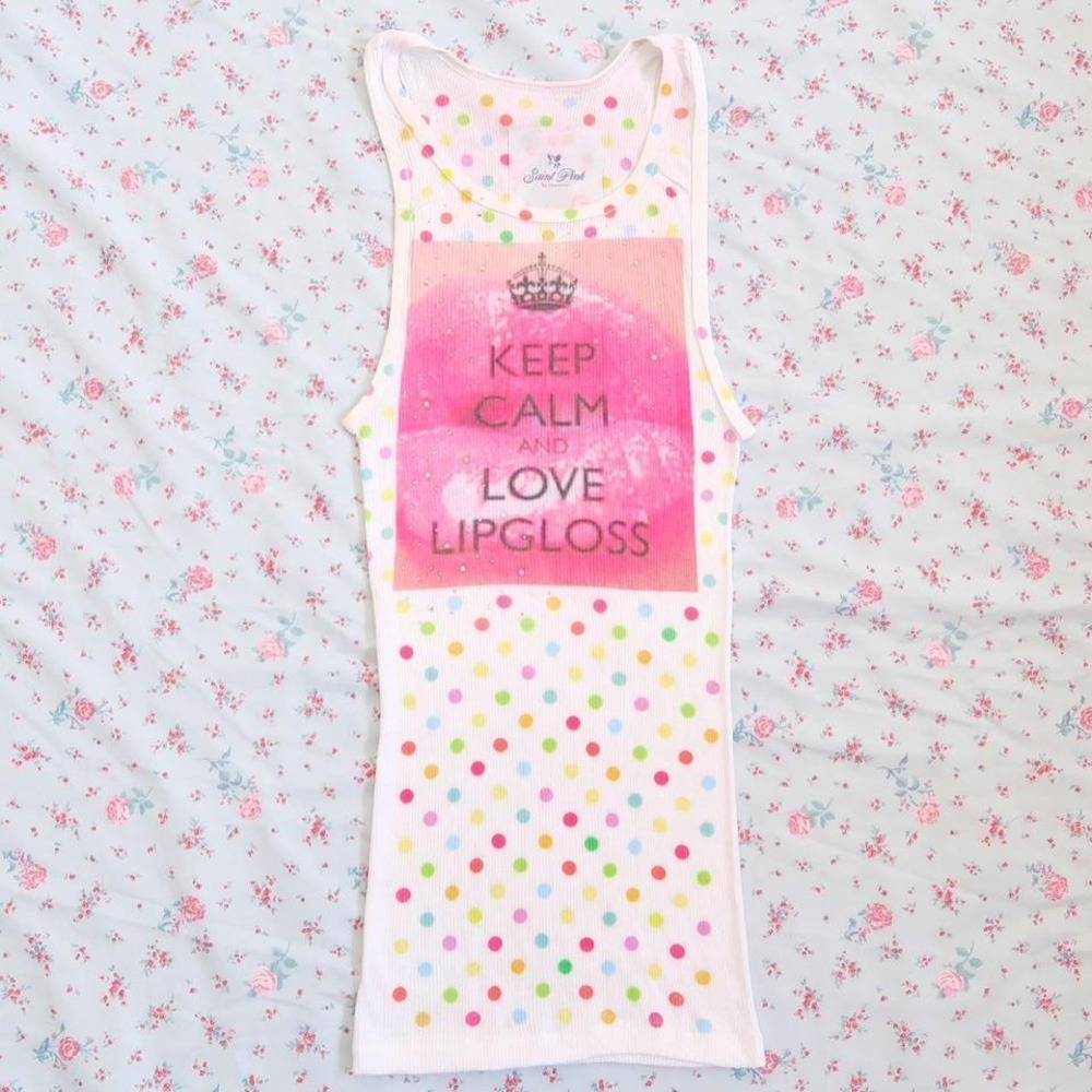 keep calm and love lipgloss rhinestone polka dot graphic tank top